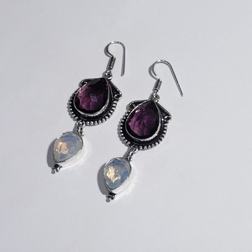 Amethyst earrings, 925 silver amethyst opalite vintage dangle earrings
